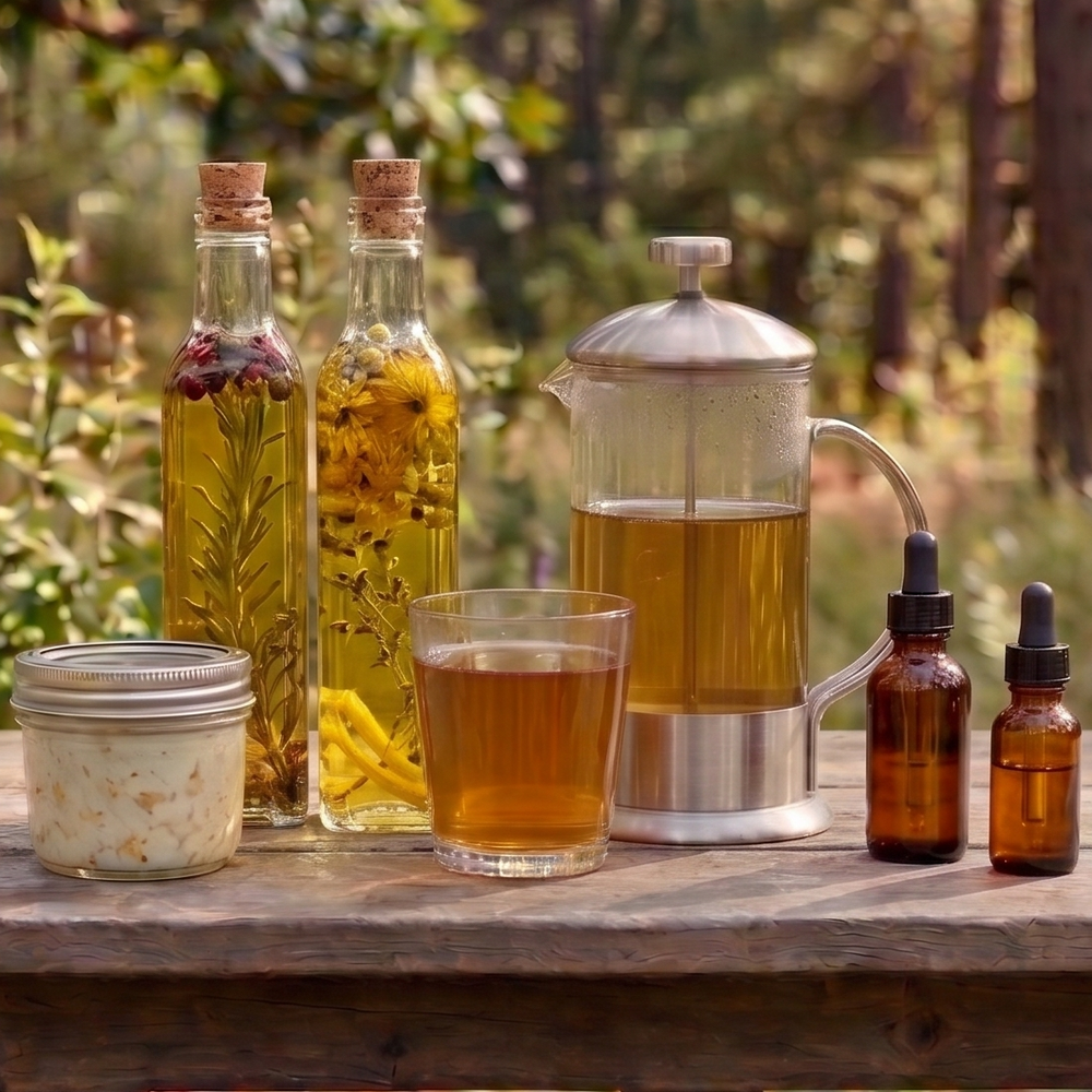 Herbal tea, tinctures, salve, and oil infusions on a table in Nature